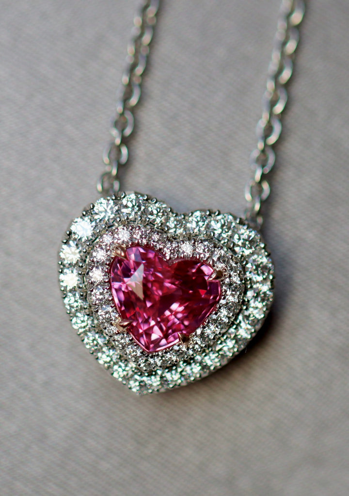 ROSE PINK CZ HALO HEART PENDANT - 925 SILVER