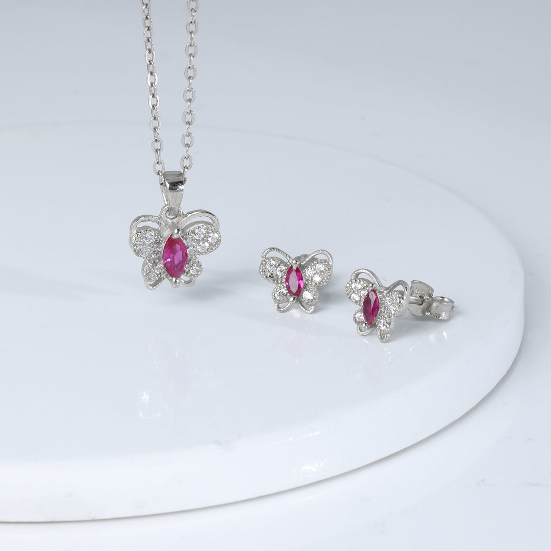 Silver Pop Pink Studded Butterfly Pendant Set