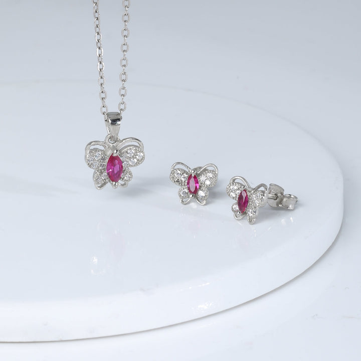 Silver Pop Pink Studded Butterfly Pendant Set